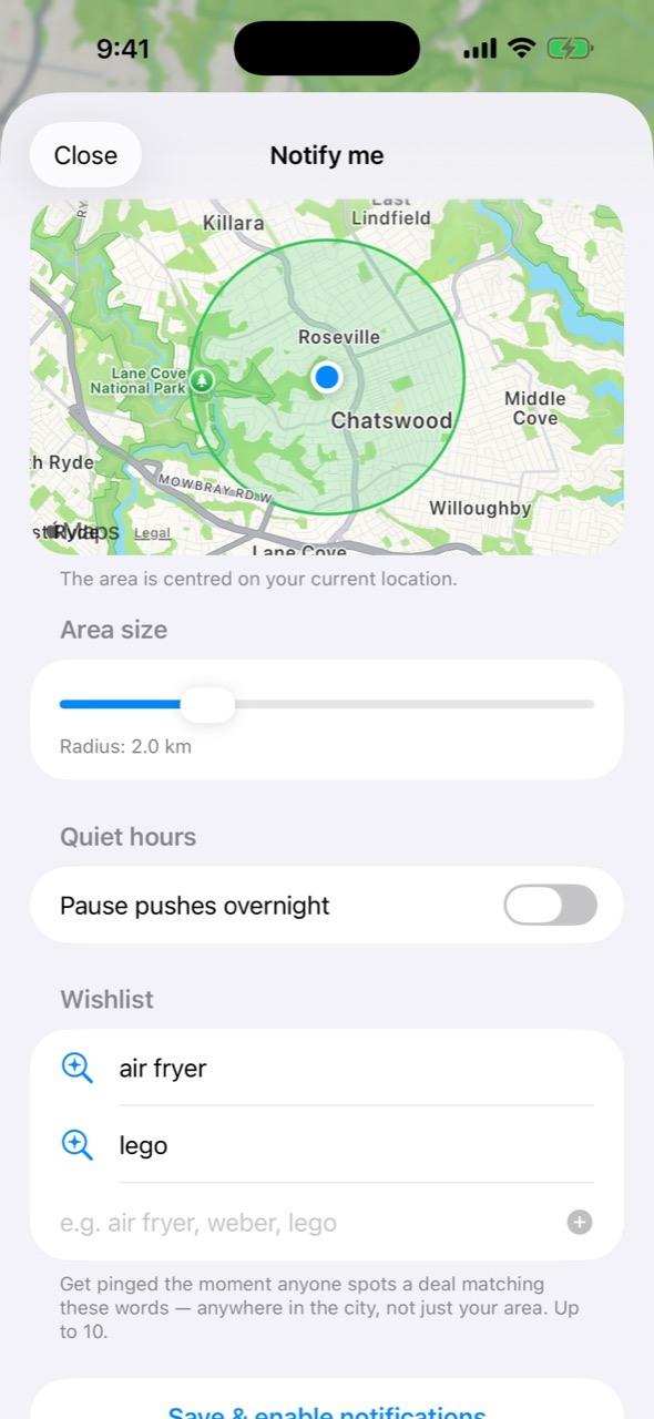 Area alerts and wishlist